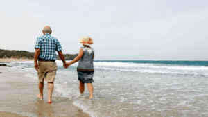 Elderly couple enjoying travel in retirement. 